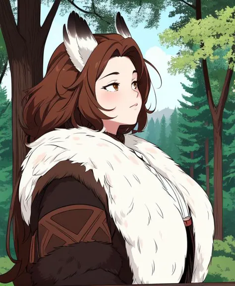 high quality, masterpiece, detailed, anime style, thick outlines, 1girl, forest, trees, cel shading, fluffy, fur trim, owl girl, feathers on head, ear feathers, light brown hair