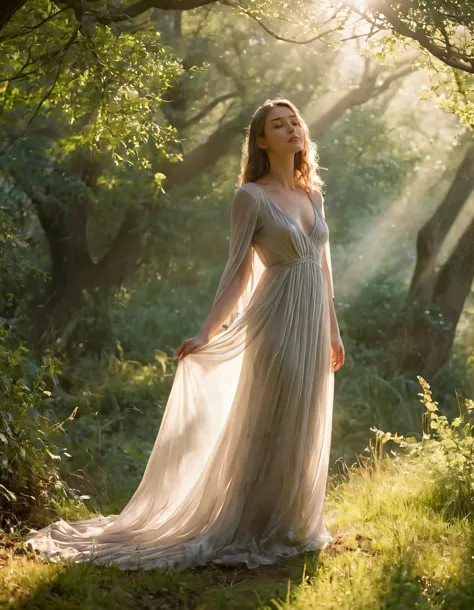 a woman in a dress standing in a forest with trees