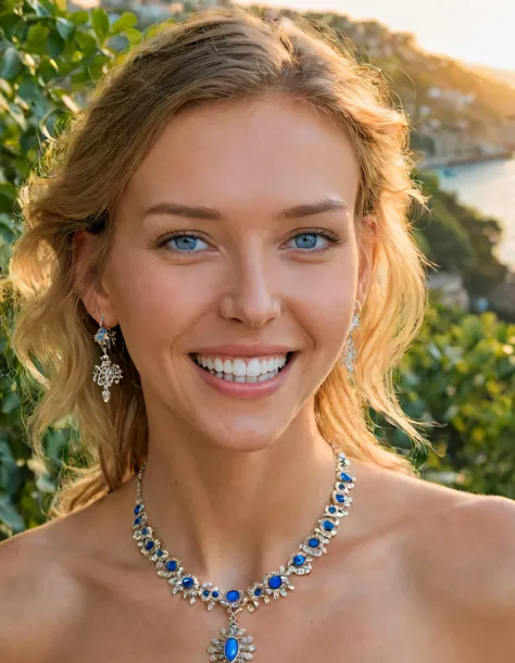 a close up of a woman wearing a necklace and earrings