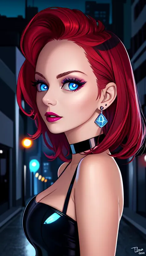 a woman with red hair and blue eyes in a black dress