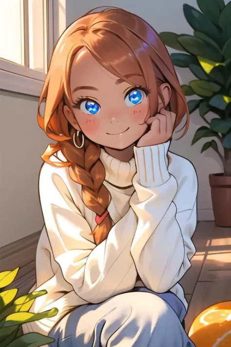 (best quality, masterpiece:1.2),1girl, solo, braid, smile, blush, looking at viewer, closed mouth, indoors, long sleeves, long hair, window, plant, white sweater, blurry background, depth of field, blue eyes, orange hair, food, upper body

 <lora:Style NijiexpressiveV1 v10:0.9>