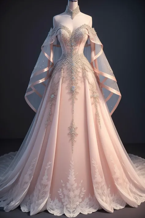 a pink wedding dress with a sheered cape and a train