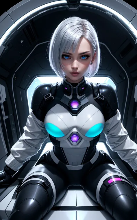 a woman in a futuristic suit sitting on a spaceship