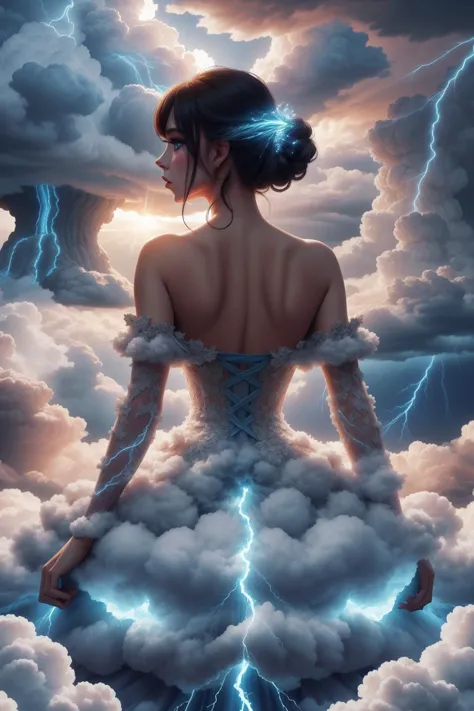 best quality, majestic, RAW photo, absurdres, 8k, a photo of a beautiful woman, from behind, edgTCloud, a woman wearing a dress made of thunder clouds, wearing edgTCloud, <lora:edgThunderCloud:0.9>, sun rays, candlelit,