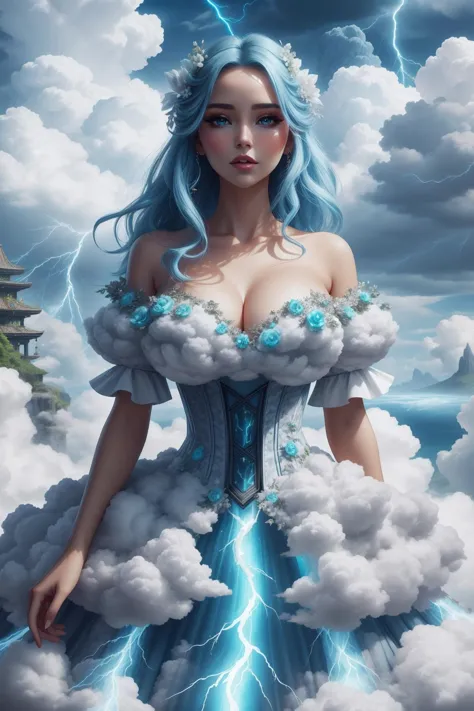 trending on artstation, wallpaper, a portrait of a beautiful woman, edgTCloud, a woman wearing a dress made of thunder clouds, wearing edgTCloud, <lora:edgThunderCloud:0.9>, excited,