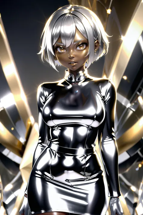 metallic, 1girl, woman, (angry hypersonic flight attendant:1.3), shawl, (apron:1.2) [:outlandish, casual costume design:0.2], bombshell hair, silver hair, short bombshell hair, thicc body, wide hips, narrow waist, small breasts, (dark skin:1.3), (golden hour, scenery, in a Crystalline Structure Fields:1.3)<lora:EnvyMetallicXL01a:10>