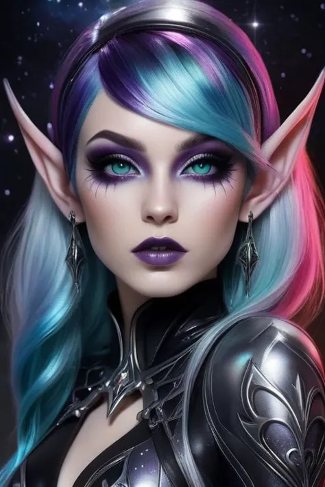 metallic (gothic elf  girl: 1.3), eyeliner, makeup, tattoos, multicolored hair, detailed background, nebula, intricate details, ...