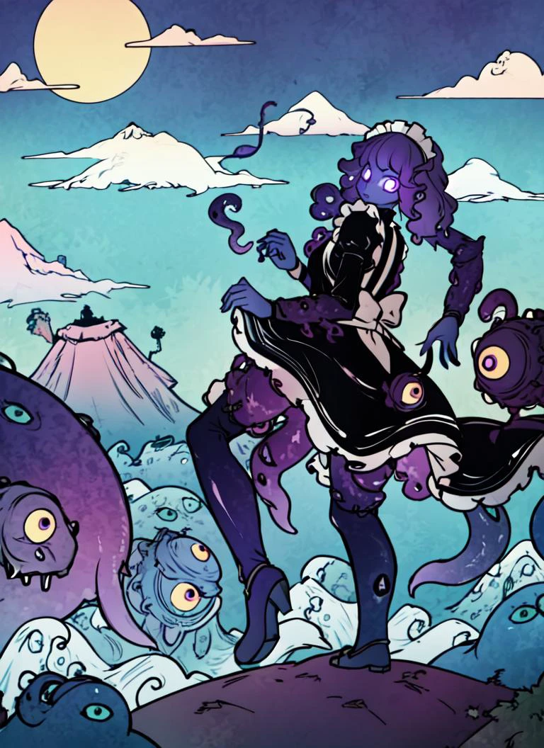 ((best quality)), ((highly detailed)), absurdres, (detailed eyes, deep eyes), (1girl), (glasses), UnderButt, looking down, looking at viewer, from behind, dynamic pose, full body, ((shoggoth)), maid, body horror, (tentacles), ((extra eyes)), glowing eyes, French mauve colored eyes, (colored skin), (dark purple colored skin), small breasts, maid dress, maid headdress, glowing runes, lovecraftian, insanevoid, glowing, (outside, at a mountain range, morning, sunny), yomama_edo, (mountain, cloud, smoke, wave)