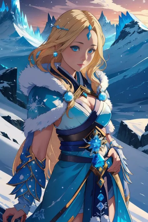 a woman in a blue dress and a white cape stands in the snow