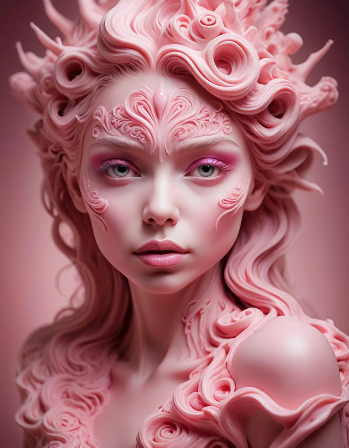 RAW写真, ピンクのアイシングで作られた精巧な女性の顔. ファンタジースタイル. ファンタジーな夢のようなアート. 素朴な. 
