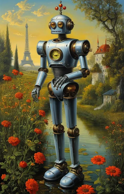 masterpiece,best quality,<lora:tbh129-sdxl:0.4>,robot,illustration,oil painting,style of michael cheval,