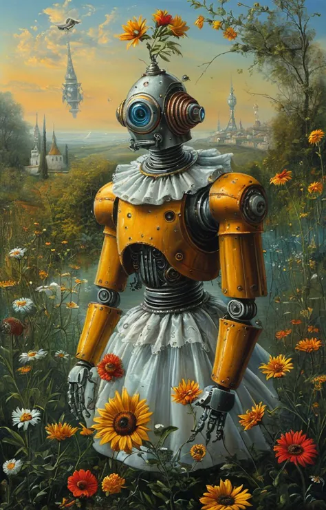 masterpiece,best quality,<lora:tbh129-sdxl:0.7>,robot,illustration,oil painting,style of michael cheval,