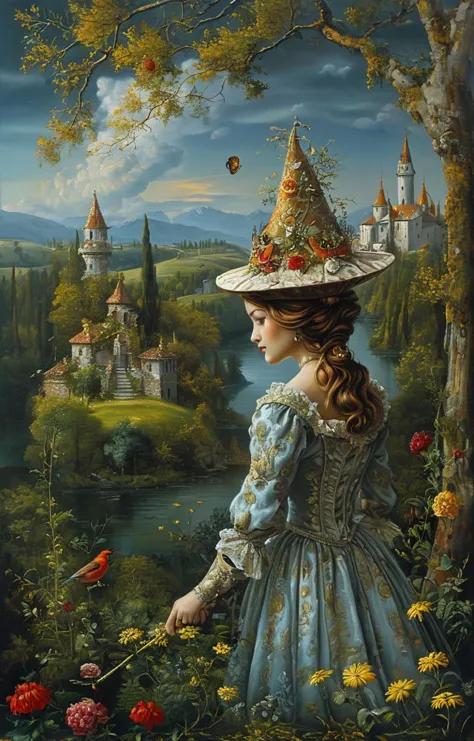 masterpiece,best quality,<lora:tbh129-sdxl:0.7>,landscape,illustration,oil painting,style of michael cheval,