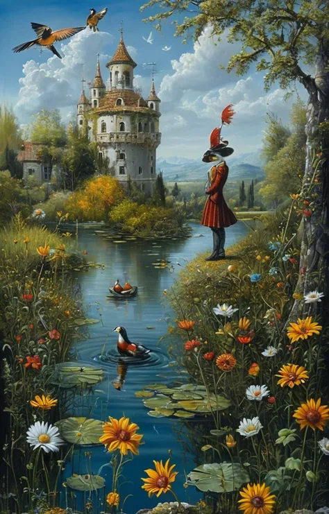 masterpiece,best quality,<lora:tbh129-sdxl:0.7>,landscape,illustration,oil painting,style of michael cheval,