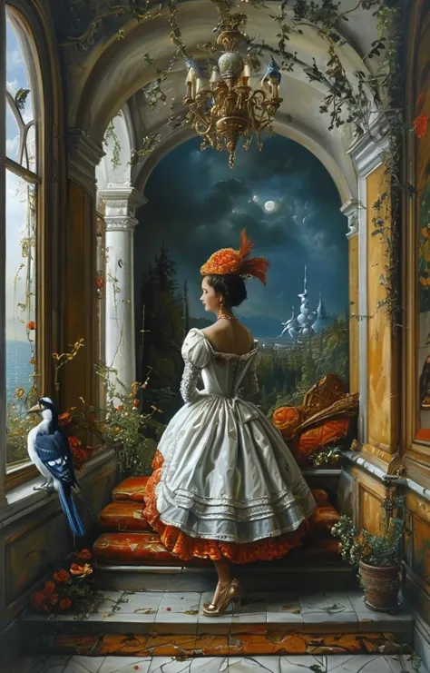 masterpiece,best quality,<lora:tbh129-sdxl:0.7>,indoor,illustration,oil painting,style of michael cheval,