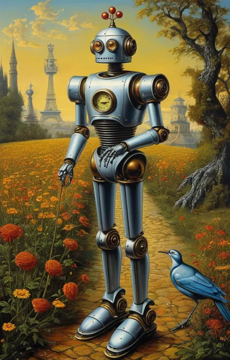 masterpiece,best quality,<lora:tbh129-sdxl:0.3>,robot,illustration,oil painting,style of michael cheval,