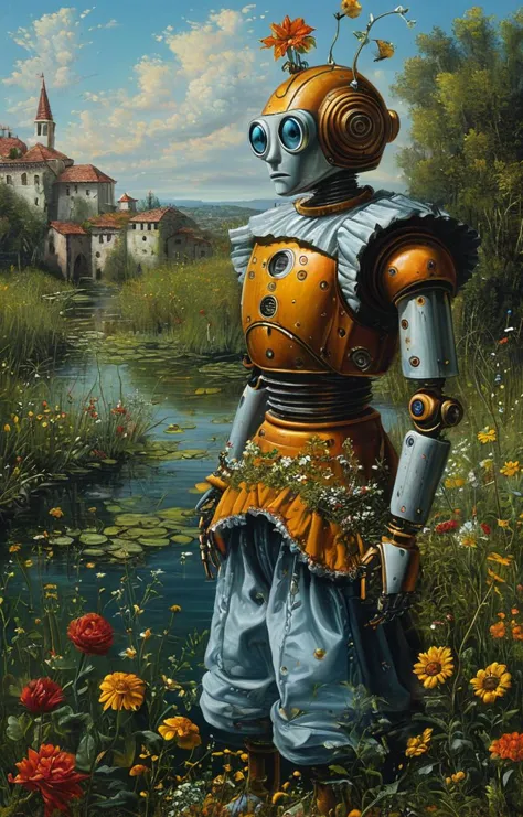 masterpiece,best quality,<lora:tbh129-sdxl:0.7>,robot,illustration,oil painting,style of michael cheval,