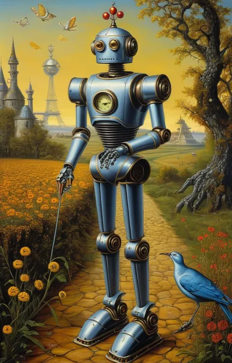 masterpiece,best quality,<lora:tbh129-sdxl:0.2>,robot,illustration,oil painting,style of michael cheval,