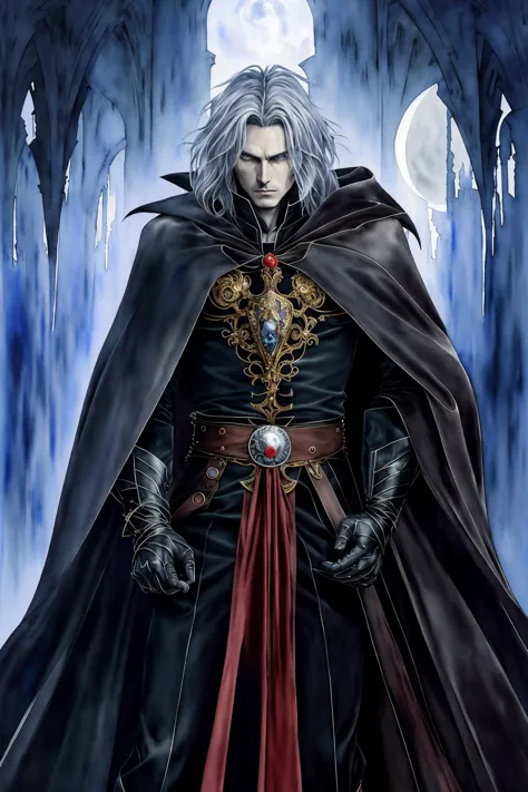 upper body portrait of 1 young handsome man, a vampire, silver long hair, cloak, medieval, fantasy, Castlevania, 
dark night, mo...
