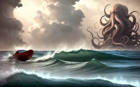 there is a painting of a giant octopus in the ocean