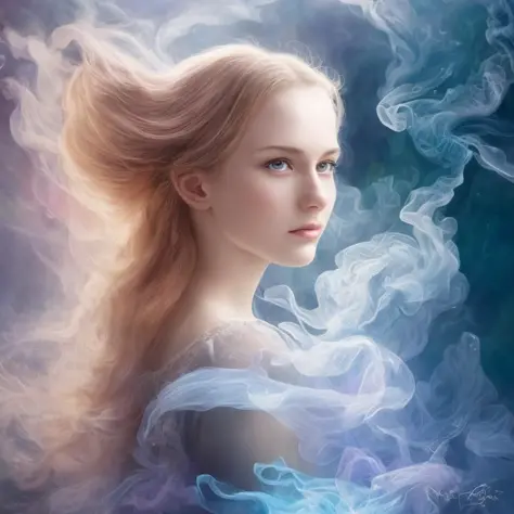 . Romanticism, UHD, attractive, ethereal, elegant, girl, teenager, beautiful, flawless, angelic, soft liquid rainbow smoke backg...