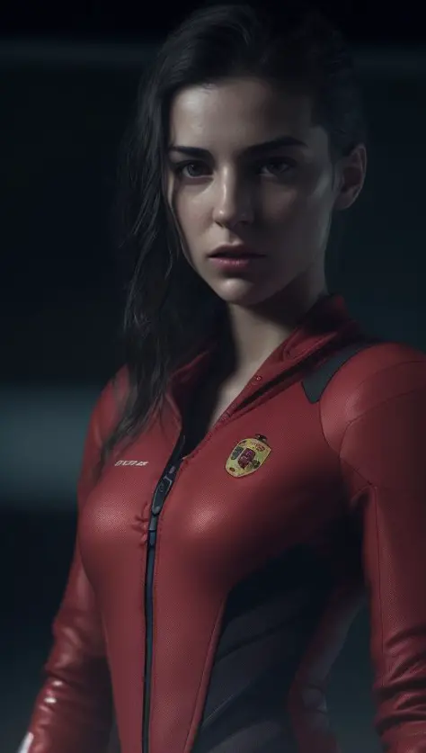 .(Futuristic spanish young woman, in a red Porsche suit) by gesaffelstein, action pose, epic scene, lots of fine detail, movie style, photography, natural textures, natural light, natural blur, photorealism, cinematic rendering, ray tracing, highest quality, highest detail, Cinematic, Blur Effect, Long Exposure, 8K, Ultra-HD, Natural Lighting, Moody Lighting, Cinematic Lighting, hyper-realistic,  vibrant,  8k, detailed, ultra detail,