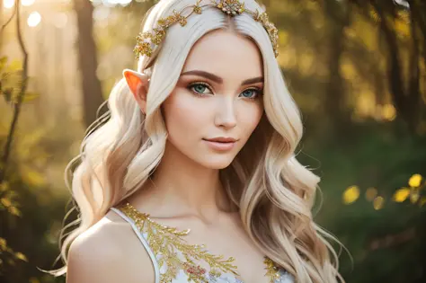 Cinematic close-up portrait OF mesmerizing elf woman, enchanting eyes, high cheekbones, slight smile, cascading golden hair, int...