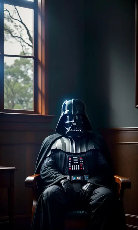 An old photo of a Darth Vader sitting in a house, vintage style, photorealistic, cinematic lighting, dark atmosphere, volumetric...