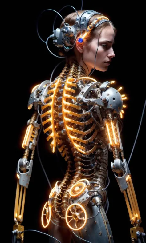 (((masterpiece))), (((best quality))), ((ultra-detailed)), (highly detailed CG illustration), ((an extremely delicate and beautiful)), cinematic light, ((1mechanical girl)), solo, (cowboy shot:1.2), (machine made joints:1.2), ((machanical limbs)), (blood vessels connected to tubes), (mechanical vertebra attaching to back), ((mechanical cervial attaching to neck)), expressionless, (wires and cables attaching to neck:1.2), (wires and cables on head:1.2), (character focus), science fiction, extreme detailed, darkrful, highest detailed, background,, 