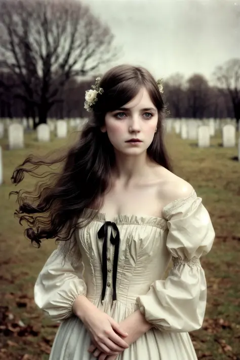 1girl,solo, ,long hair, wind blown,lips,bangs, dress,shirt, ,long sleeves, pale skin, gothic makeup, Victorian era realistic fac...