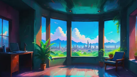 oil pastel chalk digital painting, sketch, anime style, natural sunlight, interior, in a lush cloud city<lora:envystarlightpaste...