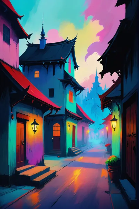 oil pastel chalk digital painting, sketch, anime style, solemn fantasy town beyond the end of reality<lora:envystarlightpastelch...