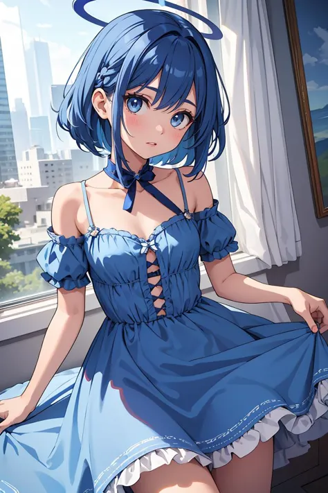 (masterpiece, best quality), 1girl,   <lora:ako_dress:1> akodress, blue dress,halo,blue hair