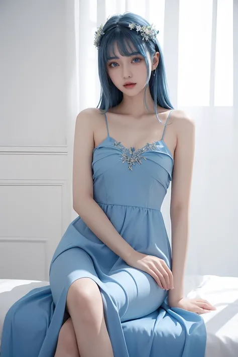 a woman with blue hair sitting on a bed wearing a blue dress