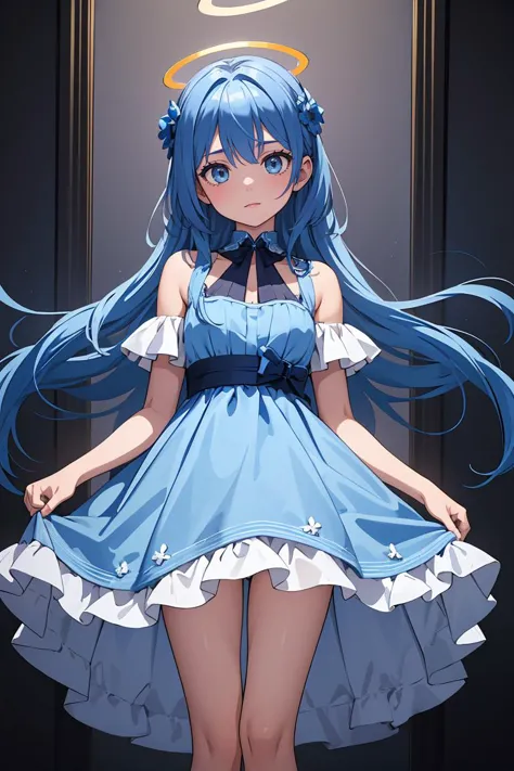 (masterpiece, best quality), 1girl,   <lora:ako_dress:1> akodress, blue dress,halo,blue hair