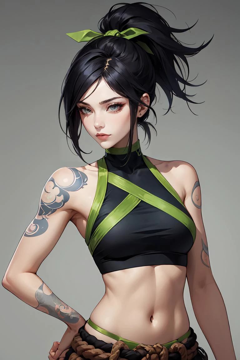 (masterpiece, best quality:1.2), intricate details, akali, 1girl, crop top, pants, hair ribbon, bare shoulders, ponytail, tattoo, black hair, 