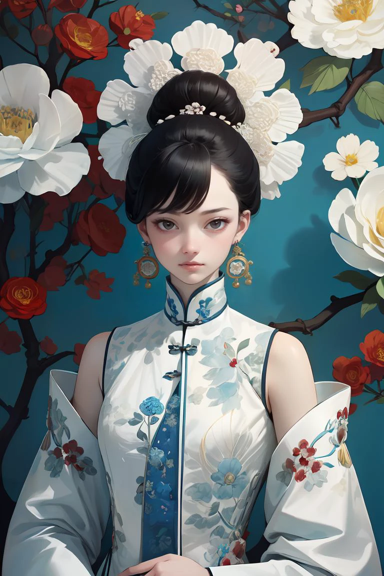 (masterpiece1.2),(best quality:1.2),highres,extremely detailed 8k wallpaper,very clear,realistic,1girl,full body,(soft smile),bare shoulders,solo,jewelry,earrings,realistic,1girl,black hair,chinese clothes,white qipao,looking at viewer,upper body,flower,shirt,peony \(flower\),white shirt,lips,hair ornament,black eyes,DOF,soft light,gongbi color ink style, 