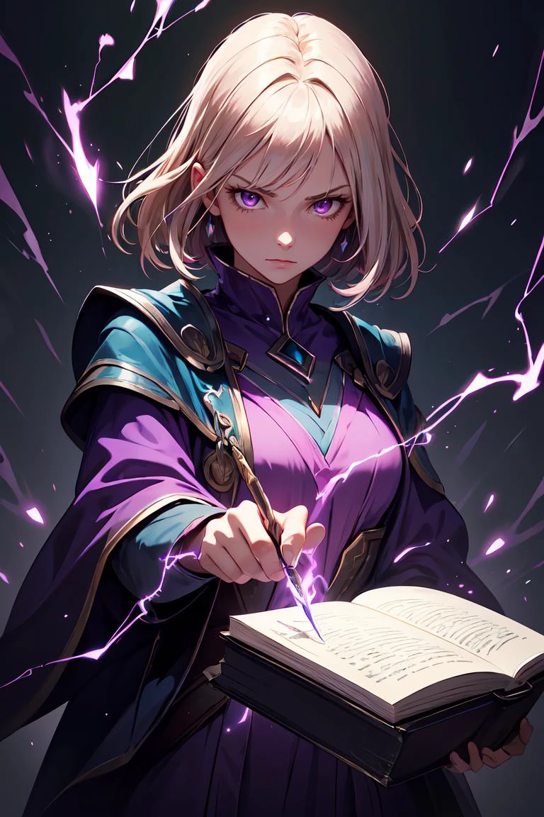 (best quality, masterpiece:1.2), photorealistic, thick outlines, strong shadows, 1 girl, adult woman, purple eyes, dark blonde lob hair, looking down, solo, upper body, detailed background, detailed face, evil mage, pink magical robes, determined expression, purple color scheme, dark green light, library, evil book, dark atmosphere, shadows, realistic lighting, floating particles, sparks, surrounded by yellow lightning blue arcane symbols, bloom, 