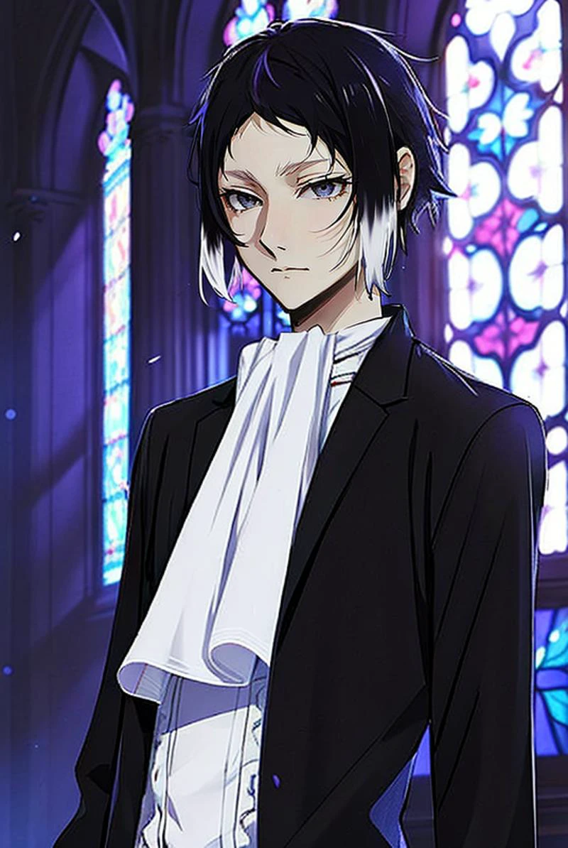 Akutagawa, 1boy, solo, male focus, black hair, two-tone hair, ascot, black jacket, upper body, grey eyes, frilled sleeves, stained glass, blue lighting, depth of field, 