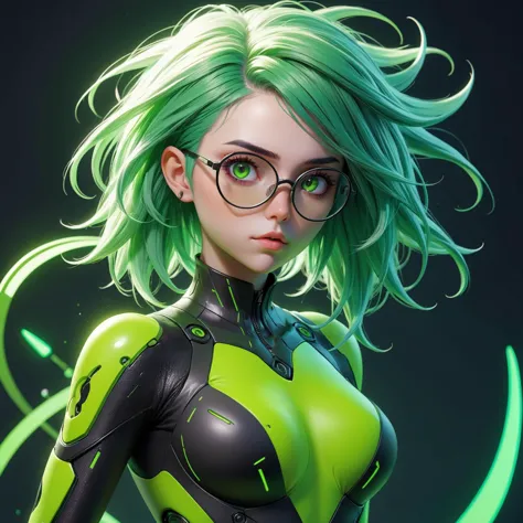 a woman with green hair and glasses,neon green bodysuit,cgsociety cyberpunk,trending on artstatioin,stunning 3d render of a fair...