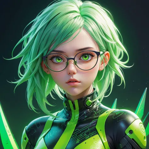 a woman with green hair and glasses,neon green bodysuit,upper body close up,looking straight at viewer,cgsociety cyberpunk,trend...