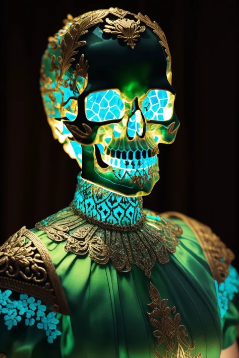 (epoxy_skull:1.128), closeup, closeup, shot, Masterpiece, absurdres, fine detail, HDR, highly detailed face and eyes, photorealistic, smiling, excited,ballgown, a woman in a green dress posing for a picture, golden embroidery , wearing a ballgown, <lora:ballgown:0.7>  <lora:glowingSkullLora_v10:1>