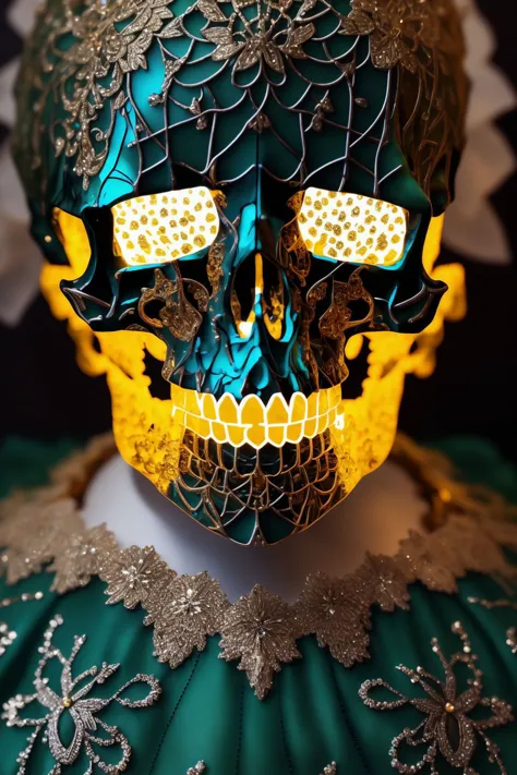 (epoxy_skull:1.128), closeup, closeup, shot, Masterpiece, absurdres, fine detail, HDR, highly detailed face and eyes, photorealistic, smiling, excited,ballgown, a woman in a green dress posing for a picture, golden embroidery , wearing a ballgown, <lora:ballgown:0.7>  <lora:glowingSkullLora_v10:1>