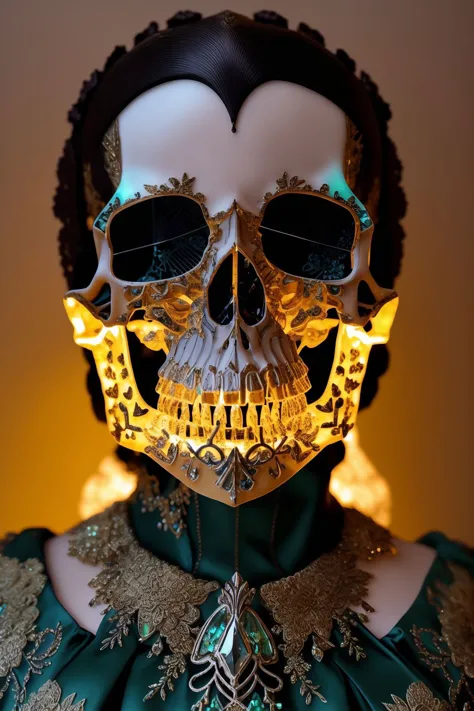 a close up of a person wearing a gold and green mask