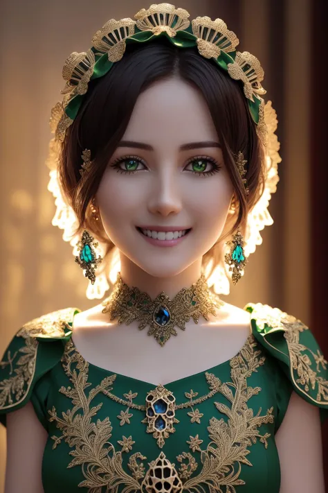 a woman in a green dress with a gold necklace and earrings