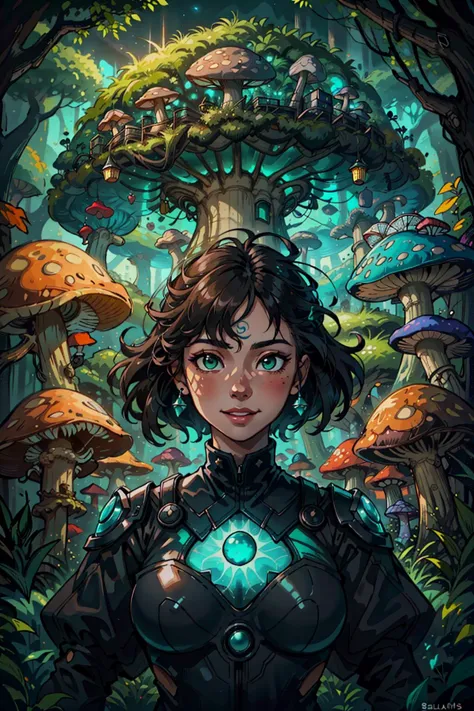 a woman in a futuristic suit stands in front of a forest with mushrooms