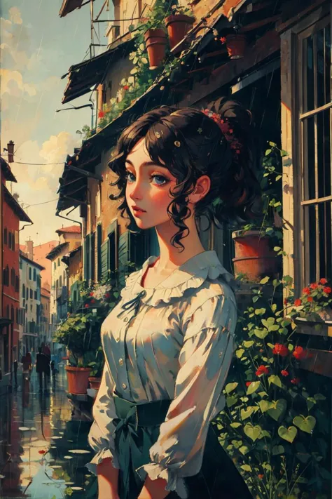 (high quality, masterpiece:1.4) (closeup:1) 1800s, italian girl, dawn, italy city, rain, oil painting, Impressionism, ponytail b...