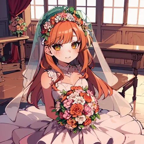 anime - style image of a bride in a wedding dress sitting on a bed