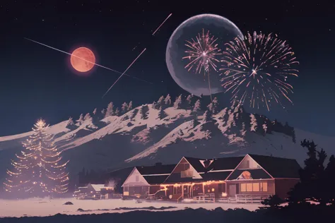 fireworks and a house in the snow with a mountain in the background