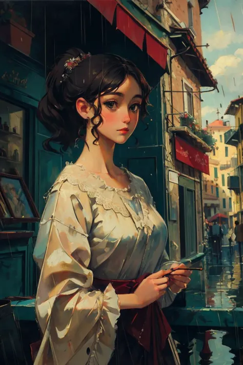 (high quality, masterpiece:1.4) (closeup:1) 1800s, italian girl, dawn, italy city, rain, oil painting, Impressionism, ponytail b...